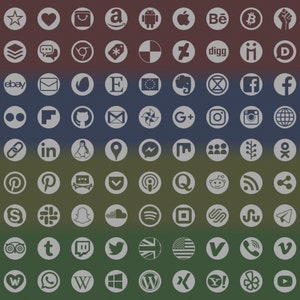 Social Media Icons, 98 +13 +18 types, disc shape, transparent on grey, bitmap & vector images