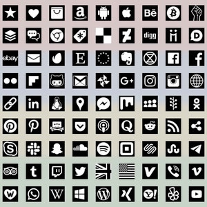 Social Media Icons, 98 +13 types, tile shape, white on black, bitmap & vector images