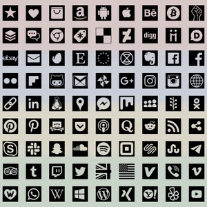 Social Media Icons, 98 +13 types, tile shape, transparent on black, bitmap & vector images
