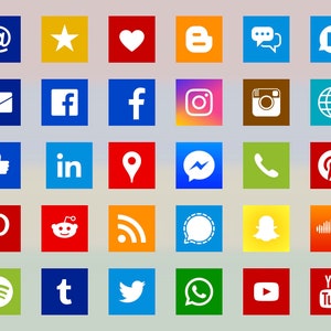 Ikoner för sociala medier, 29+6 typer, fyrkantig form, vit på varumärkesfärg, bitmapp- och vektorbilder