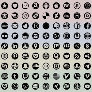 Ikoner för sociala medier, 98 + 13 typer, skivform, transparent på svart, bitmapp- och vektorbilder