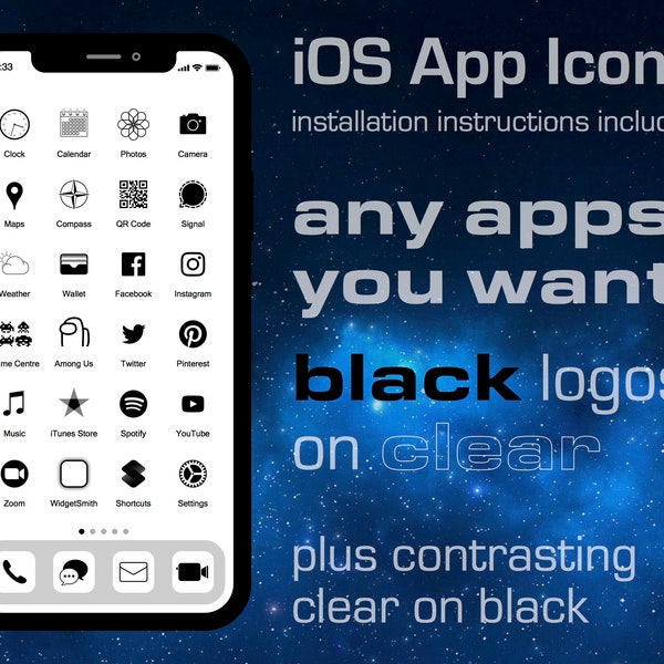 598+ iOS App Icons, black on clear aesthetic, 263 apps + 36 extra + any other apps, each in two colorways.