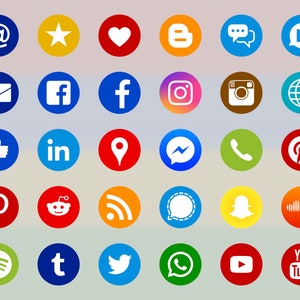 Ikoner för sociala medier, 29 + 6 typer, cirkelform, vit på varumärkesfärg, bitmapp- och vektorbilder