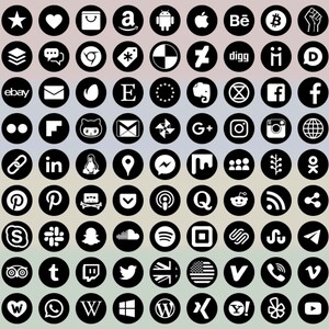 May include: A black and white graphic of popular social media logos, including Twitter, Facebook, Instagram, YouTube, Pinterest, and more.
