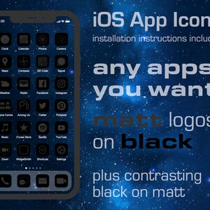 598+ iOS App Icons, matt on black aesthetic, 263 apps + 36 extra + any other apps, each in two colorways.