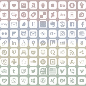 Social Media Icons, 98 +13 types, tablet shape, transparent on white, bitmap & vector images