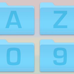 May include: Four light blue folder icons, each with a large, bold letter or number. The top left folder has the letter "A", the top right has "Z", the bottom left has "0", and the bottom right has "9".