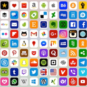 Op de afbeelding: Een kleurrijk raster met logo's van populaire sociale media-platforms, websites en apps. De logo's zijn gerangschikt in een rasterpatroon met een witte achtergrond.