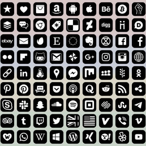 May include: A black and white image of 100 popular social media and website logos. The logos are arranged in a grid pattern. The logos include Facebook, Twitter, Instagram, YouTube, Pinterest, and many more.