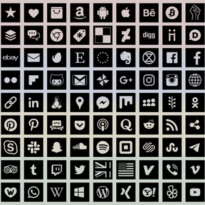 Ikoner för sociala medier, 98+13 typer, fyrkantig form, transparent på svart, bitmapp- och vektorbilder