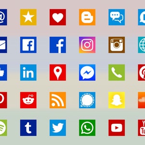 Social Media Icons, 29 +6 types, tile shape, white on brand color, bitmap & vector images