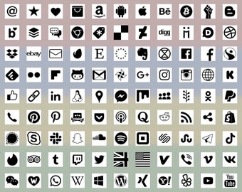 Social Media Icons, 98 +13 types, tile shape, black on white, bitmap & vector images