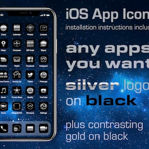 598+ iOS App Icons, silver on black aesthetic, 263 apps + 36 extra + any other apps, each in two colorways.