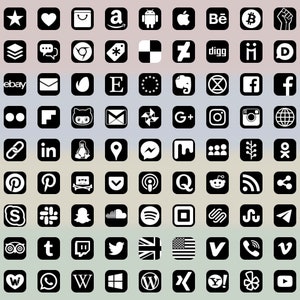Icônes de médias sociaux, 98 + 13 types, forme d’icône, blanc sur noir, bitmap et images vectorielles