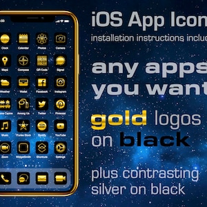 598+ iOS App Icons, gold on black aesthetic, 263 apps + 36 extra + any other apps, each in two colorways.
