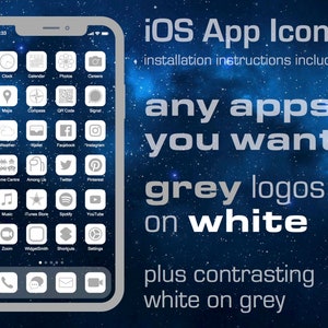 598+ iOS App Icons, grey on white aesthetic, 263 apps + 36 extra + any other apps, each in two colorways.