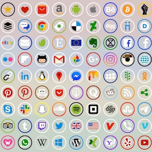 May include: A collection of social media and website icons, each in a white circle on a grey background. Icons include Facebook, Instagram, Twitter, YouTube, and others. The icons are colourful and represent various online platforms.