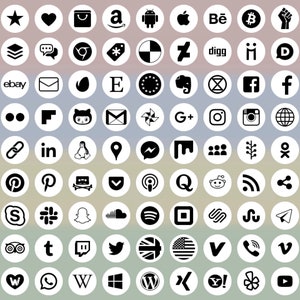 May include: A collection of 100 black and white social media icons, each in a circle on a white background. The icons represent popular social media platforms, including Facebook, Twitter, Instagram, YouTube, Pinterest, and more.