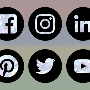 May include: Six social media icons on a rainbow background. The icons are for Facebook, Instagram, LinkedIn, Pinterest, Twitter, and YouTube.