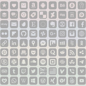 Può includere: Una griglia di 100 quadrati grigi, ognuno contenente un logo o un'icona diverso. I loghi rappresentano popolari piattaforme di social media, siti Web e app. Le icone sono disposte in ordine casuale.