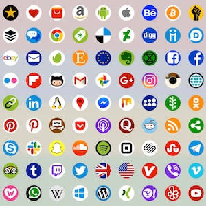 Può includere: Una collezione di loghi colorati per popolari piattaforme di social media, siti web e app. I loghi sono disposti in una griglia su uno sfondo chiaro.