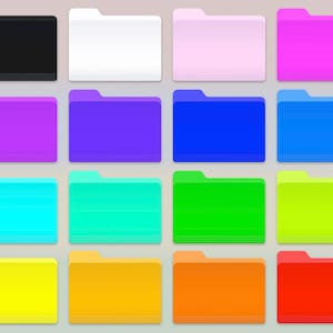 Puede incluir: Un conjunto de 12 iconos de carpeta coloridos, cada uno con un color diferente, incluyendo negro, blanco, rosa, morado, azul, cian, verde, amarillo, naranja y rojo.