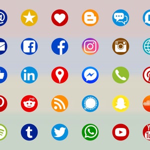May include: A collection of colorful social media icons, including Facebook, Twitter, Instagram, Pinterest, YouTube, and more.
