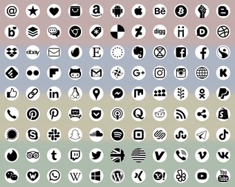Social Media Icons, 98 +13 types, disc shape, black on white, bitmap & vector images