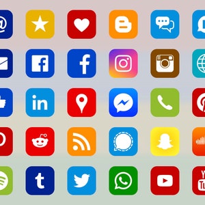 Social Media Icons, 29 +6 types, tablet shape, white on brand color, bitmap & vector images