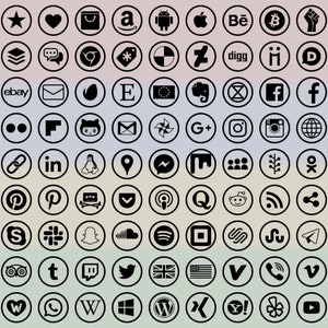 May include: A collection of 80 black and white social media icons in circles on a gradient background. The icons include popular social media platforms such as Facebook, Twitter, Instagram, YouTube, Pinterest, and more.