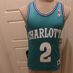 Vtg 90&#39;s Teal Champion Charlotte Hornets #2 Larry Johnson Screen Jersey Adult 36