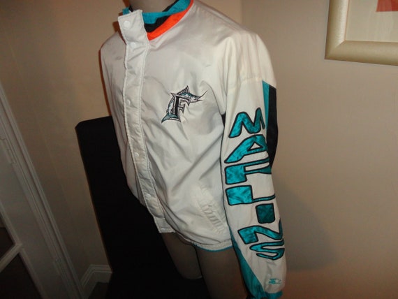 Vtg 90's STARTER Sewn Florida Marlins PU Coated Nylon MLB Full Zip