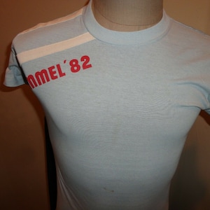 Vtg 80&#39;s Lt Blue Champion Blue Bar Rummel &#39;82 50-50 T-Shirt Fits Adult S Rare