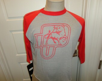 Vtg 80s Gray & Red IUP Bull  50-50 Raglan Baseball Jersey Shirt Adult L Usa