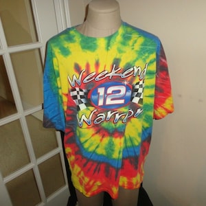 Vtg 90&#39;s Multicolor Tie Dye WEEKEND WARRIOR #12 Nascar Checkered Flag TShirt XL