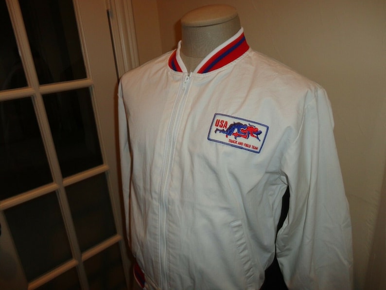 VINTAGE Swingster USA Track Field Olympics White Zip 65-35 Jacket Adult M Excel