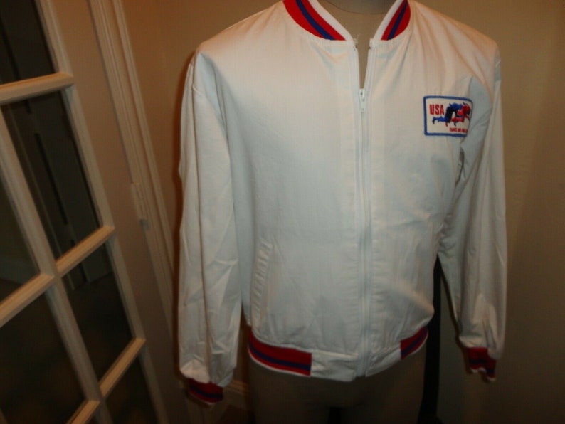 VINTAGE Swingster USA Track Field Olympics White Zip 65-35 Jacket Adult M Excel