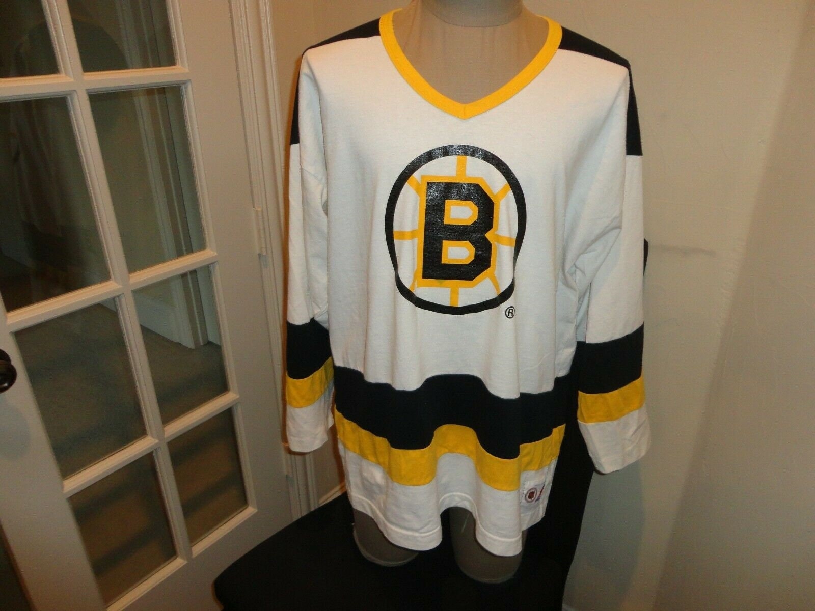 Vtg 90's NUTMEG Boston Bruins #49 Joe Juneau White NHL Screen Jersey Adult  XL
