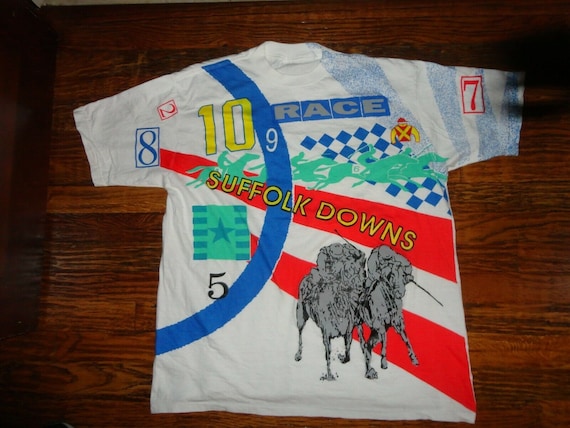 Vtg 90's White Suffolk Downs Horse Racing T-shirt Fits Adult XL Nice Rare Boston