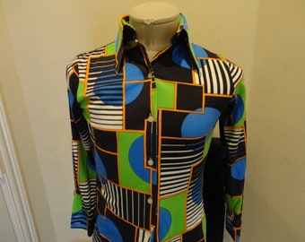 Vintage 70's Ms. Limited GEOMETRIC M Nylon Pointed Collar DISCO Long Sleeve Shirt