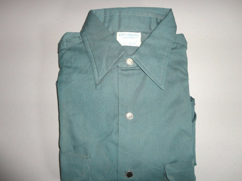 Vtg Green Osh Kosh Metal Button Motorcycle Work Shirt Mens 14 1/2 Regular image 1