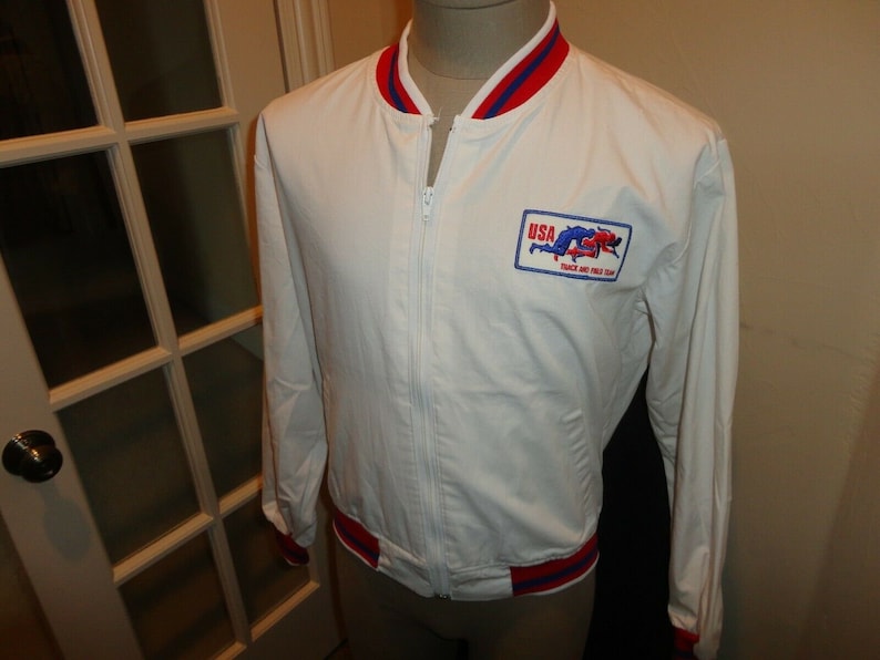 VINTAGE Swingster USA Track Field Olympics White Zip 65-35 Jacket Adult M Excel