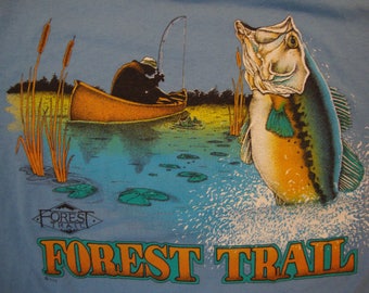 Vtg 80's Forest Trail Fishing Outdoor Apparel Pen Pocket Blue T Shirt Size L
