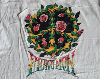 Vtg 1994 White ISLAND GROWN "Peace Mon" Roses Cotton t-Shirt Adult XL