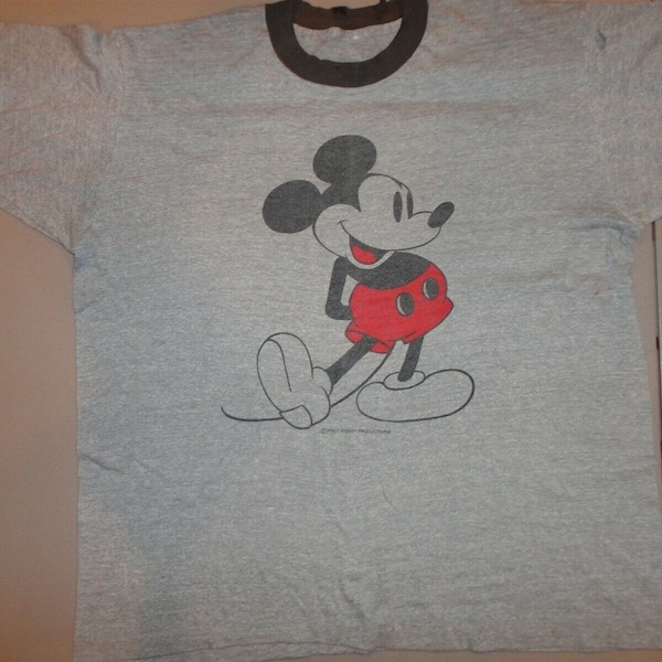 Vintage 80's Mickey Mouse Tri-Blend RINGER Gray THIN Soft T-shirt Adult L Disney