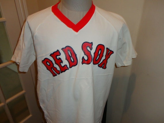 Vtg 80's White Boston Red Sox Sand Knit V-neck MLB 