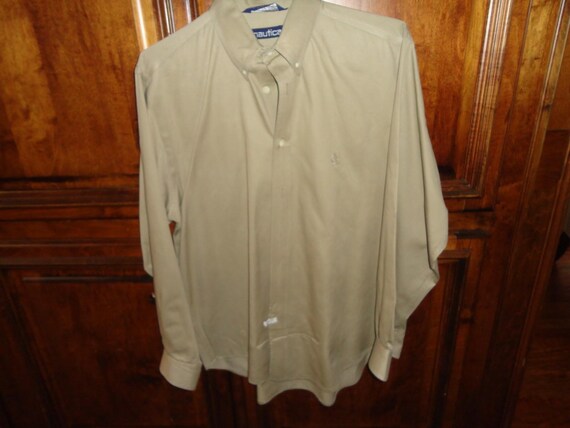 Nautica, Vintage 90's Nautica Blue Tag Tan Long Sleeve Button Down Shirt Adult M