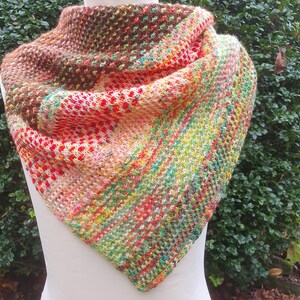 Op de afbeelding: Een veelkleurige, handgebreide sjaal in een driehoekige vorm. De sjaal heeft een mix van levendige kleuren, waaronder rood, oranje, groen en bruin, waardoor een textuurrijk, patroonachtig ontwerp ontstaat. Het item wordt getoond op een witte mannequin.