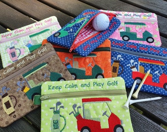 Ficka med dragkedja, broderad med golfmotiv, 16 x 11,5 cm
