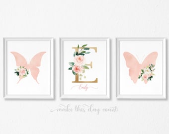 Butterfly Floral Girl's Bedroom Nursery Print | Personalized Initial and Name Custom Printable | Watercolor Floral Wall Art